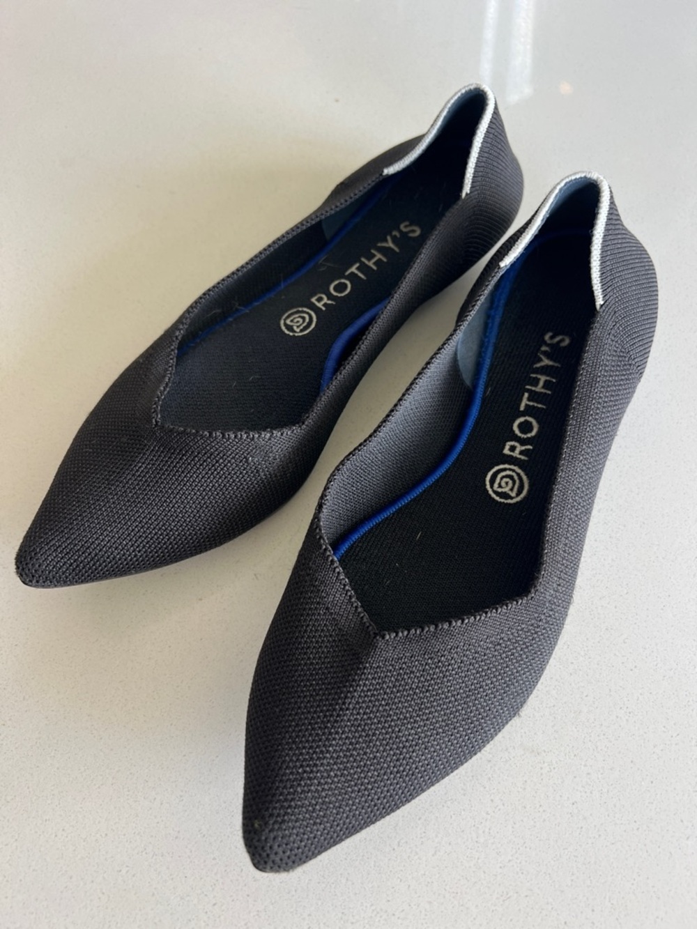 Rothy's Black Pointed Knit Flats with Blue Insole Trim - Picture 2 of 11